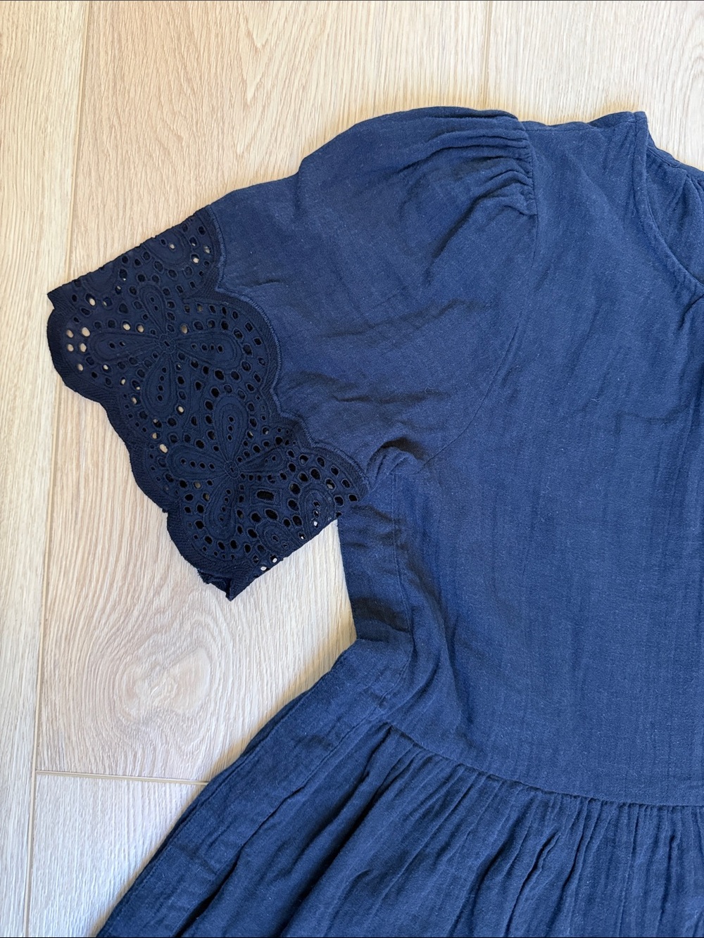 Navy Eyelet Cotton Mini Dress ME+EM Cheesecloth Broderie Swing Cottagecore Sz 6 - Picture 4 of 12